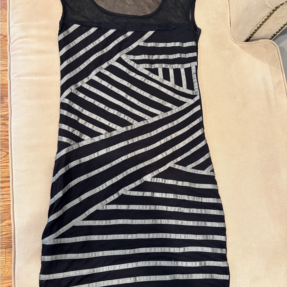 Black & Gray Striped Mesh Yoke Bodycon Dress